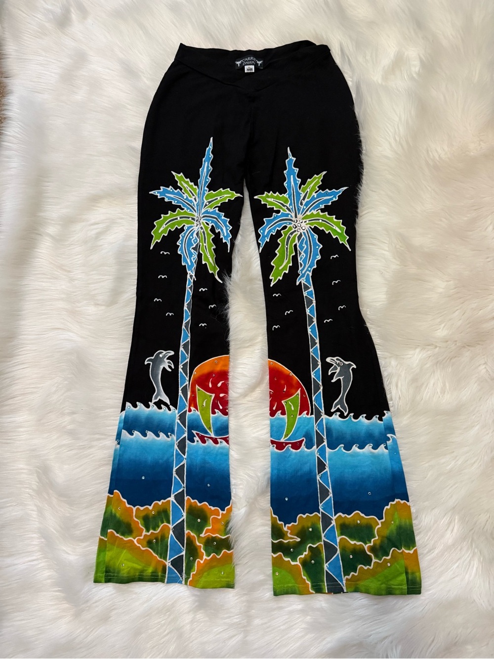 Carrie Daway Hand Made Tropical Design V-Waist Y2K Rhinestone Pants - Size XL
